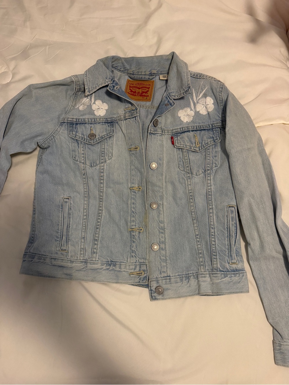 Levi's Light Blue Denim Jacket with White Floral Embroidery